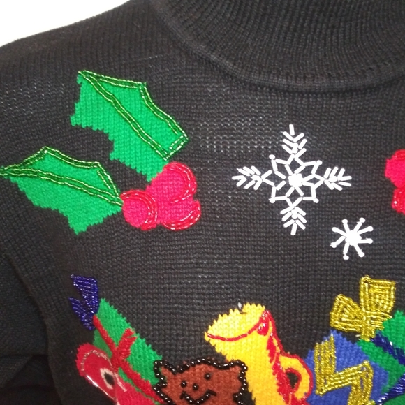 Vintage I.B. Diffusion Black "Santa's Sleigh" Bead Trimmed Christmas Sweater - Picture 3 of 11